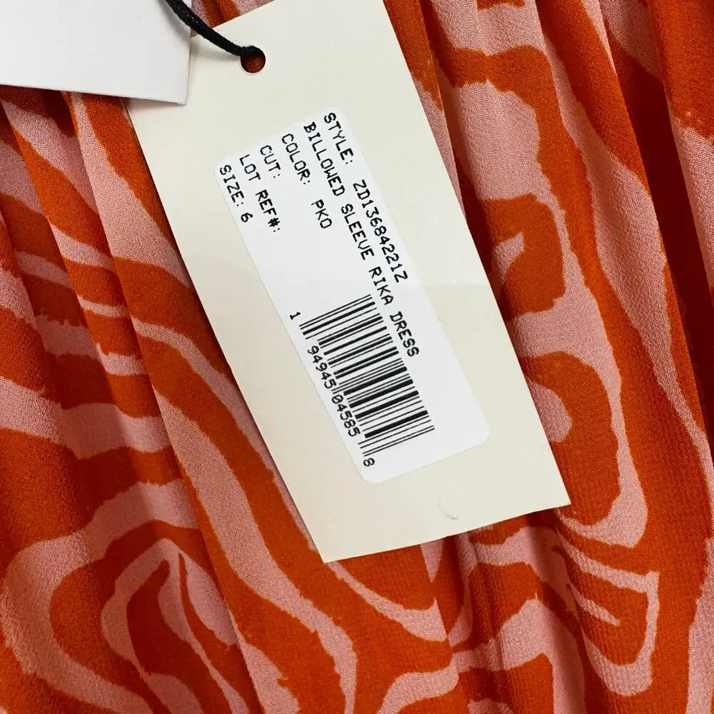 Cinq a Sept Billowed Sleeve Rika Dress Size 6 Orange Pink Smocked Boatneck NWT - Picture 7 of 14